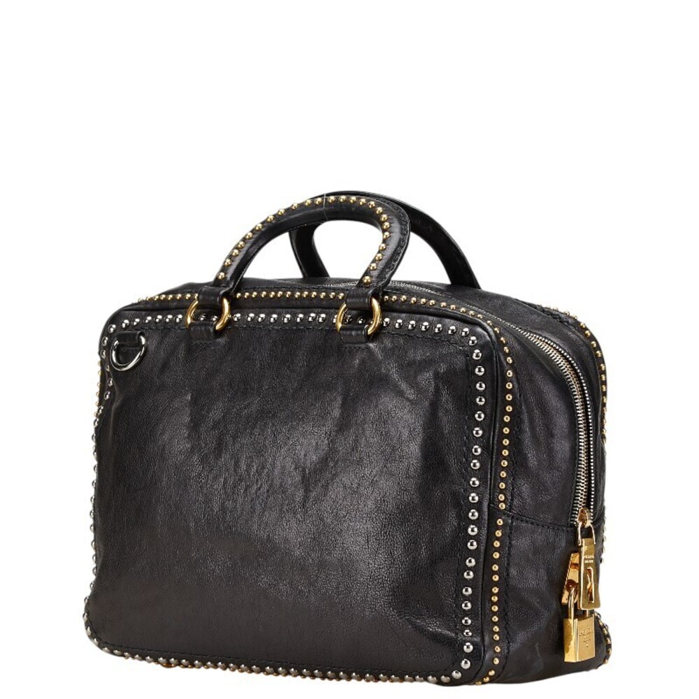 Prada shoulder studded black triangular logo plaque bag handbag leather